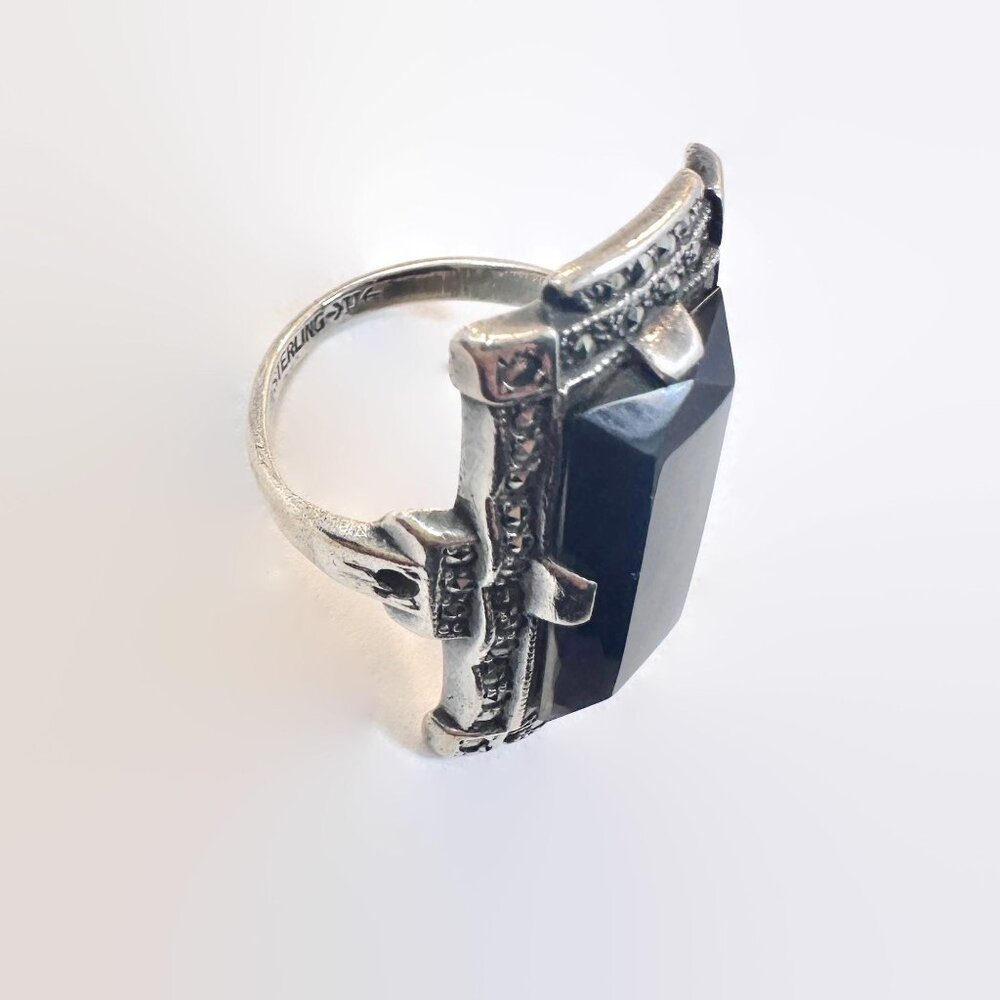 Art Deco Ring, Sterling Silver, Marcasite, Black Stone, Vintage, Antique, Long - Picture 5 of 5